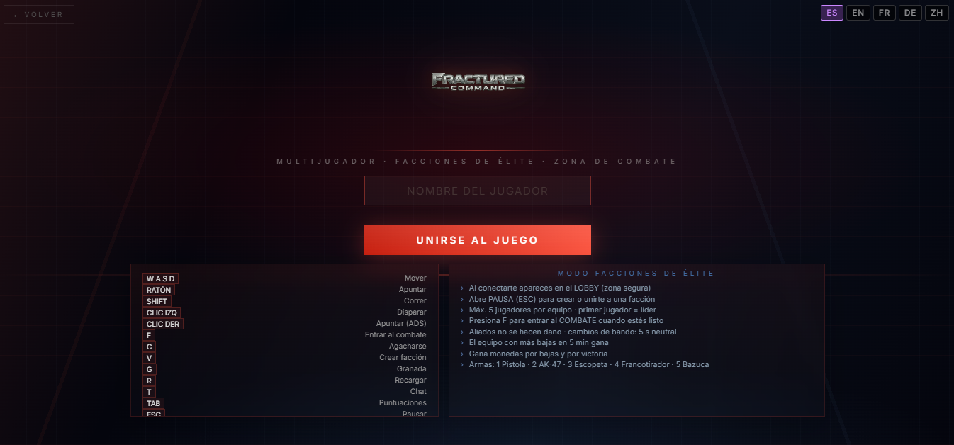 Pantalla de inicio de Fractured Command con boton para unirse al juego y paneles de controles